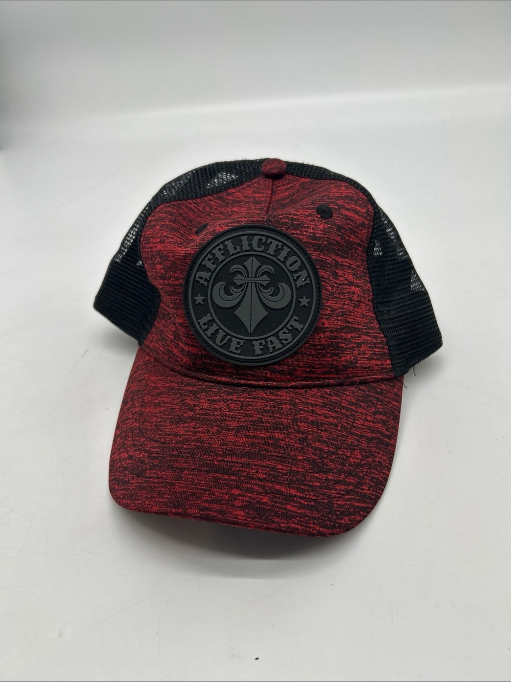 Affliction Live Fast Red Heathered and Black Mesh Trucker Hat